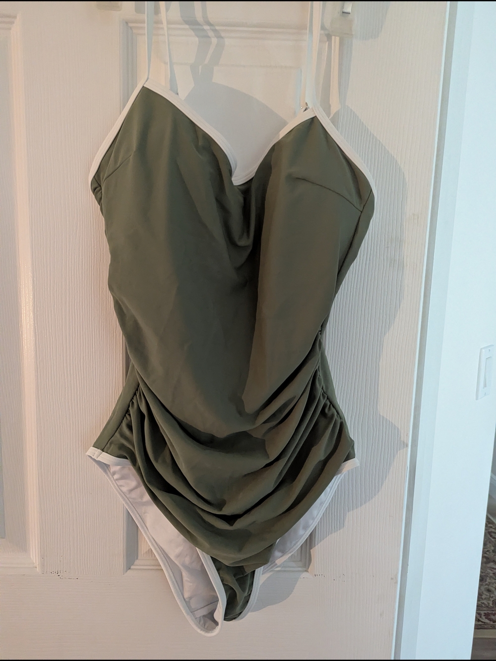 Olive Green One-Piece Swimsuit with White Trim